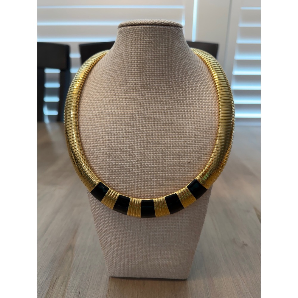 Vintage Monet Old Money Ribbed Enamel Omega Collar Necklace Women Gold Black